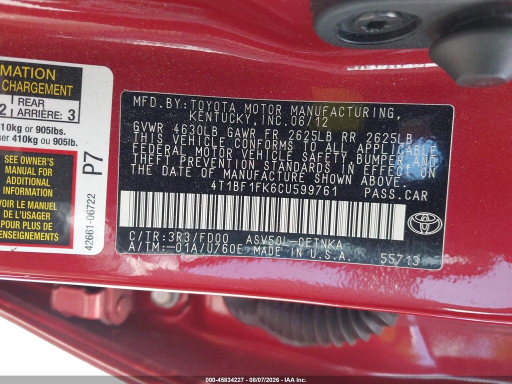 4T1BF1FK6CU599761 2012 TOYOTA CAMRY photo no. 9