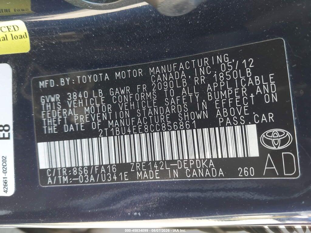 2T1BU4EE8CC856861 2012 TOYOTA COROLLA photo no. 9