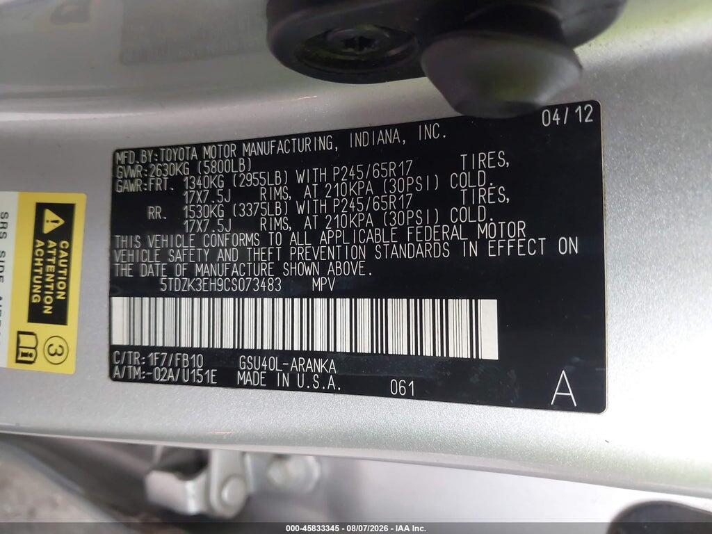 5TDZK3EH9CS073483 2012 TOYOTA HIGHLANDER photo no. 9