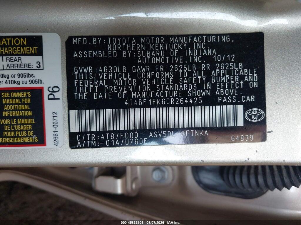 4T4BF1FK6CR264425 2012 TOYOTA CAMRY photo no. 9