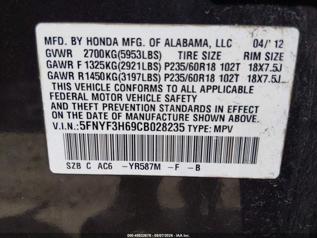 5FNYF3H69CB028235 2012 HONDA PILOT photo no. 9