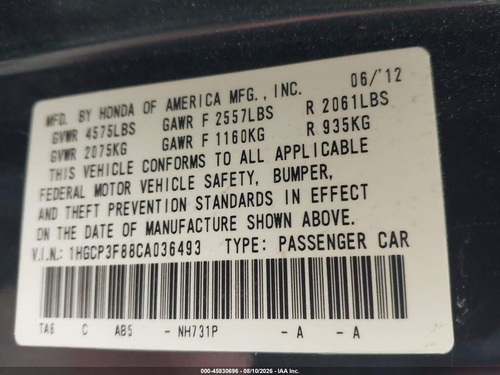 1HGCP3F88CA036493 2012 HONDA ACCORD photo no. 9