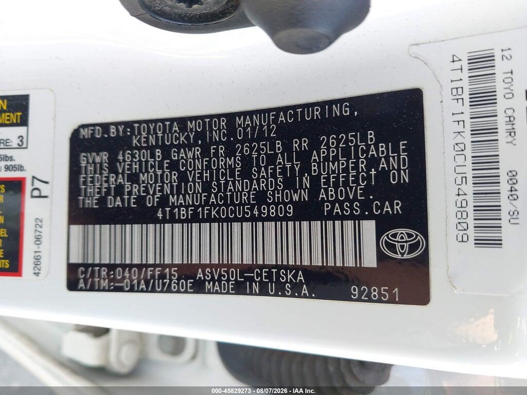 4T1BF1FK0CU549809 2012 TOYOTA CAMRY photo no. 9