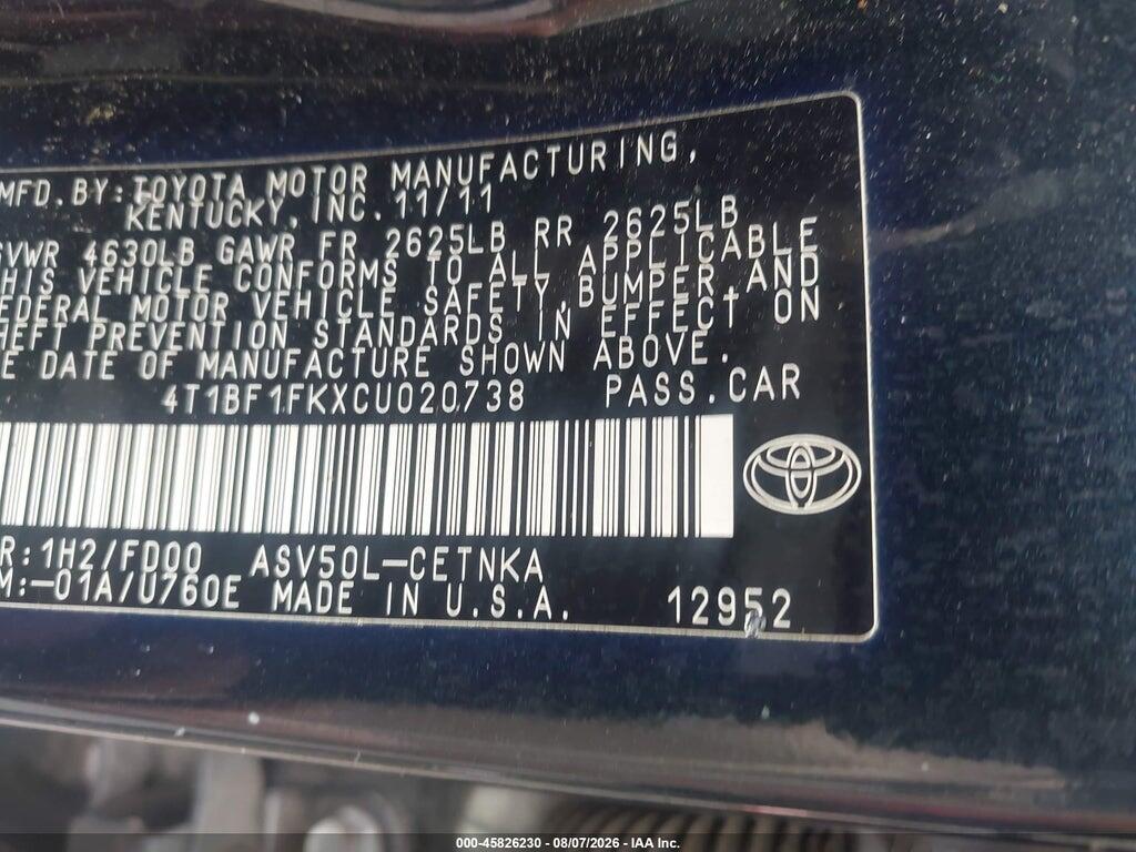 4T1BF1FKXCU020738 2012 TOYOTA CAMRY photo no. 9