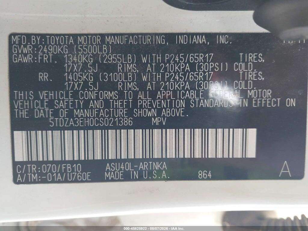 5TDZA3EH0CS021386 2012 TOYOTA HIGHLANDER photo no. 9