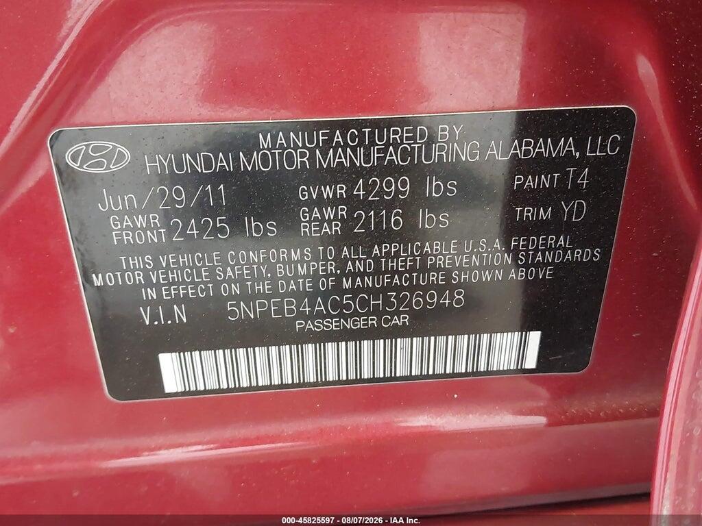 5NPEB4AC5CH326948 2012 HYUNDAI SONATA photo no. 9