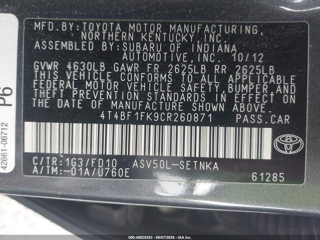 4T4BF1FK9CR260871 2012 TOYOTA CAMRY photo no. 9
