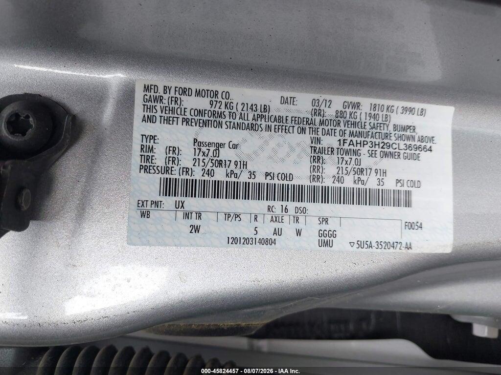 1FAHP3H29CL369664 2012 FORD FOCUS photo no. 9