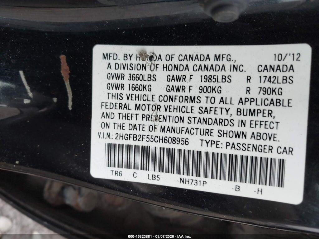 2HGFB2F55CH608956 2012 HONDA CIVIC photo no. 9