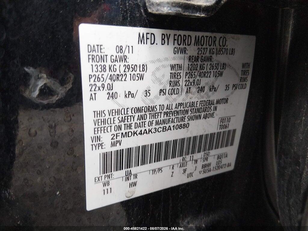 2FMDK4AK3CBA10880 2012 FORD EDGE photo no. 9