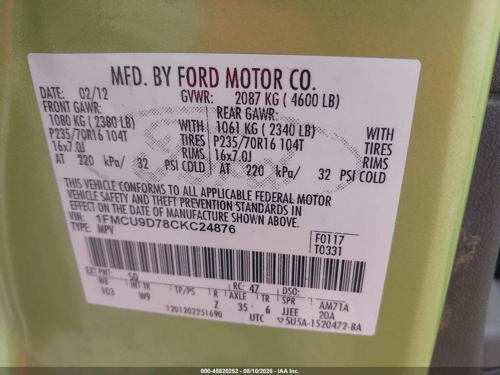 1FMCU9D78CKC24876 2012 FORD ESCAPE photo no. 9