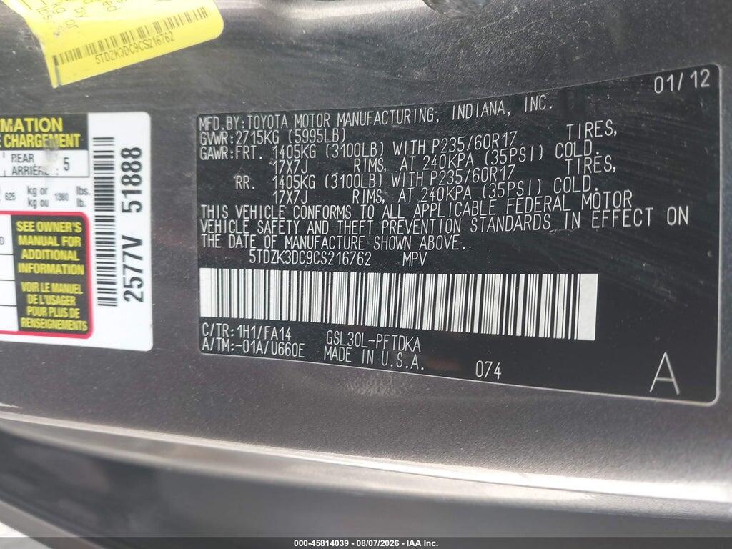 5TDZK3DC9CS216762 2012 TOYOTA SIENNA photo no. 9
