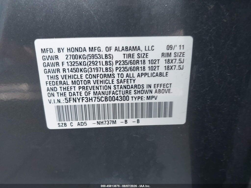 5FNYF3H75CB004300 2012 HONDA PILOT photo no. 9