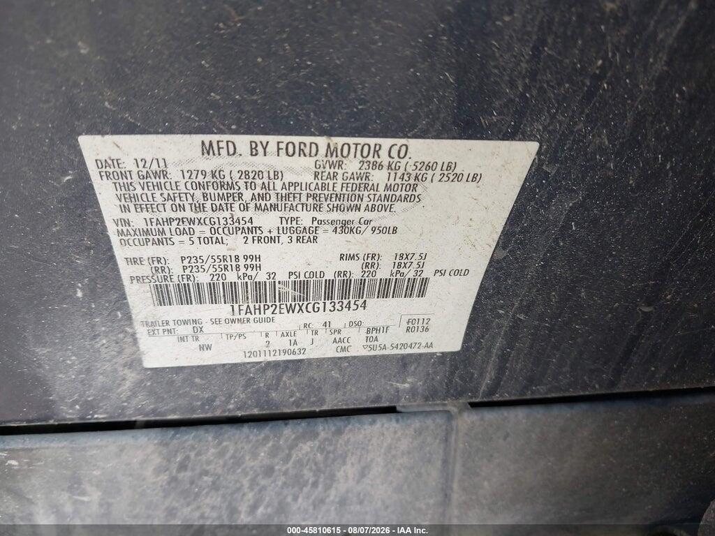 1FAHP2EWXCG133454 2012 FORD TAURUS photo no. 9