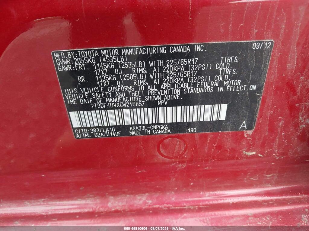 2T3DF4DVXCW246857 2012 TOYOTA RAV4 photo no. 9