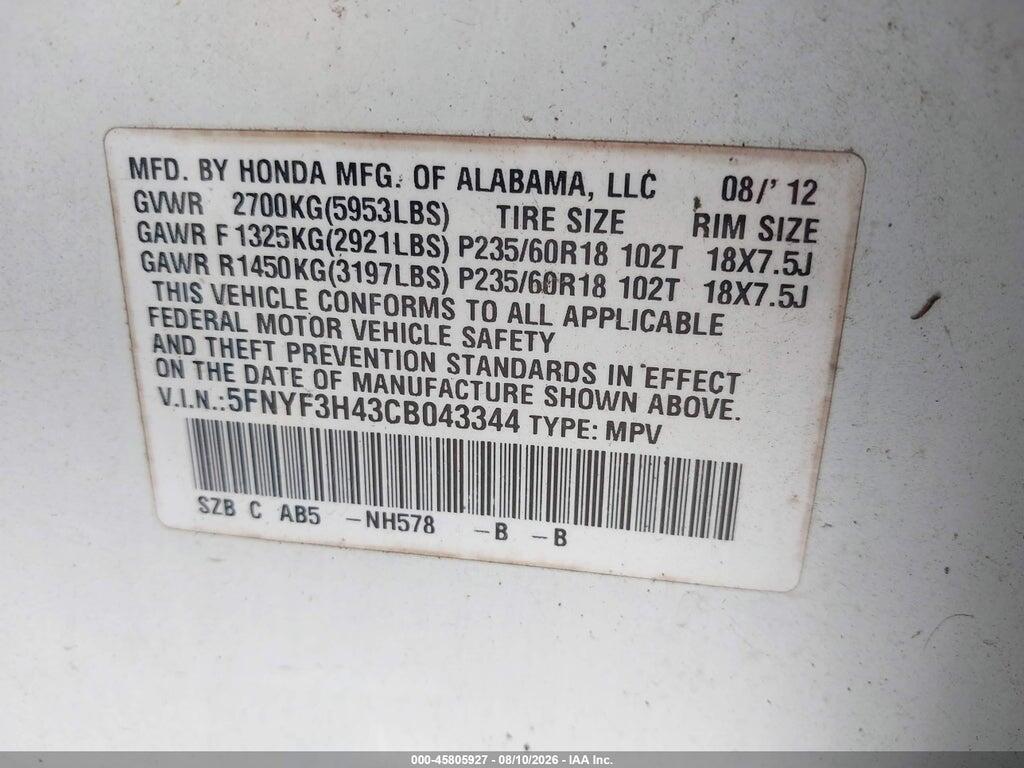 5FNYF3H43CB043344 2012 HONDA PILOT photo no. 9