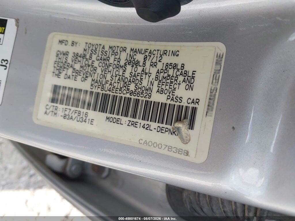 5YFBU4EE5CP066529 2012 TOYOTA COROLLA photo no. 9
