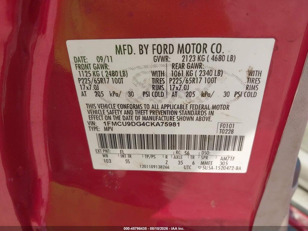 1FMCU9DG4CKA75981 2012 FORD ESCAPE photo no. 9