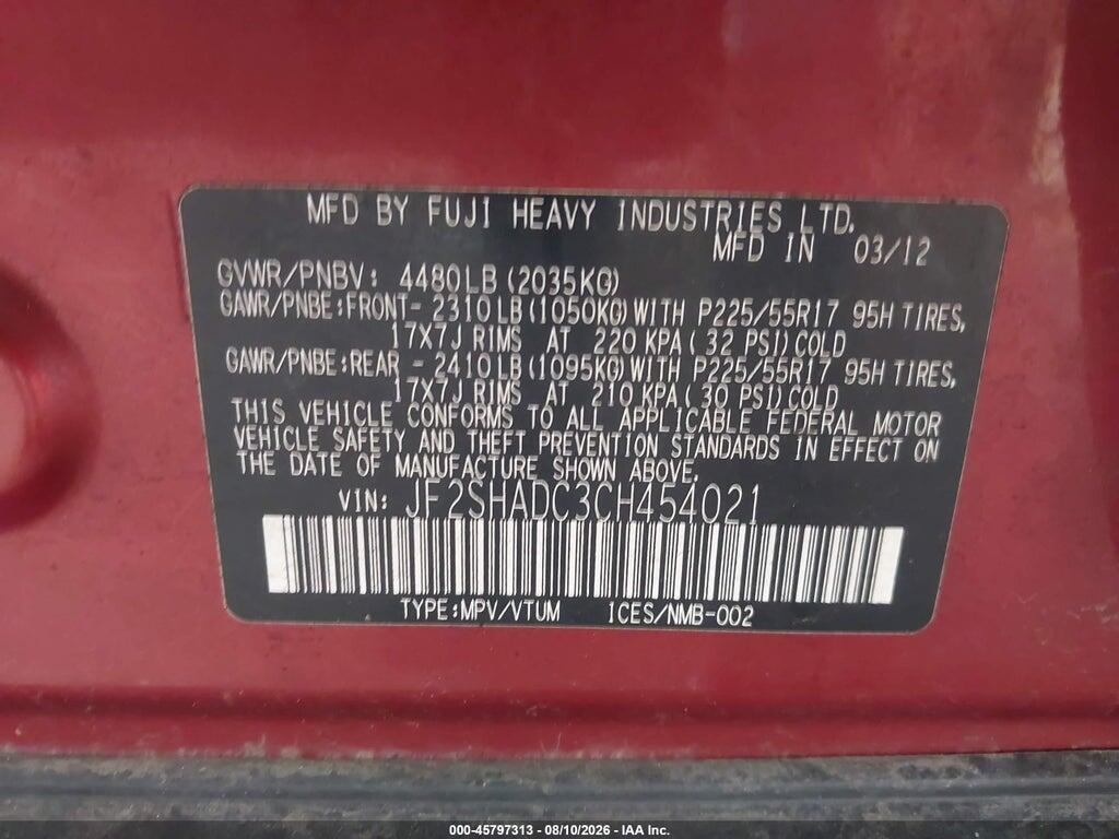 JF2SHADC3CH454021 2012 SUBARU FORESTER photo no. 9