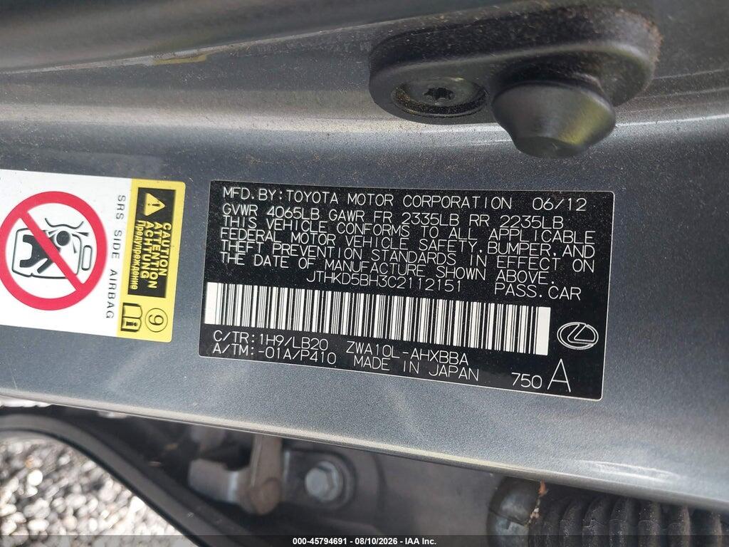 JTHKD5BH3C2112151 2012 LEXUS CT 200H photo no. 9