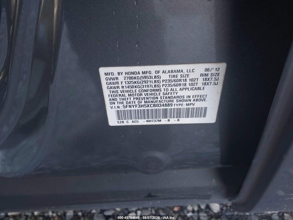 5FNYF3H5XCB034889 2012 HONDA PILOT photo no. 9