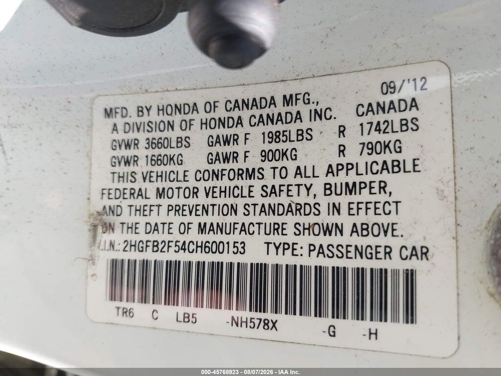 2HGFB2F54CH600153 2012 HONDA CIVIC photo no. 9