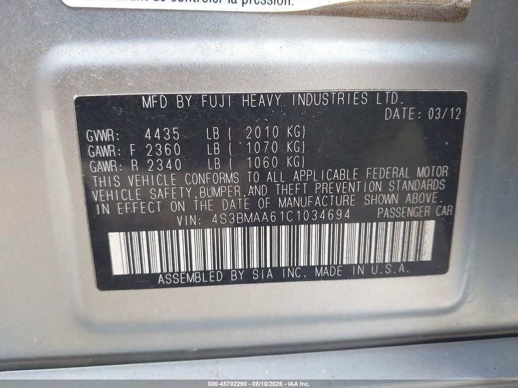 4S3BMAA61C1034694 2012 SUBARU LEGACY photo no. 9
