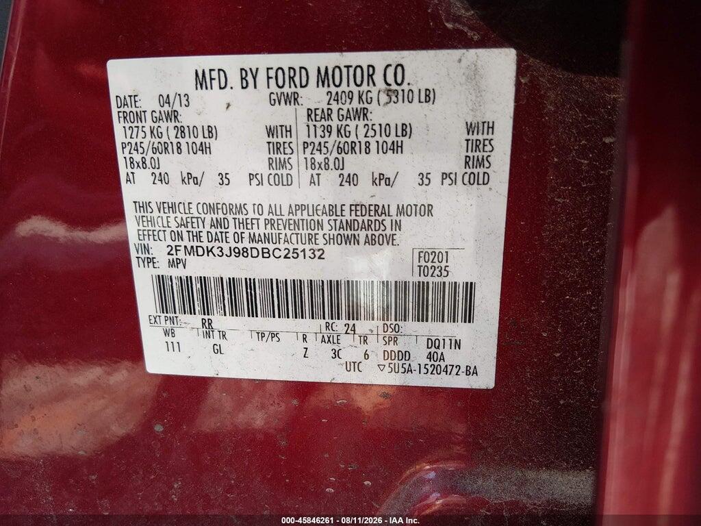 2FMDK3J98DBC25132 2013 FORD EDGE photo no. 9