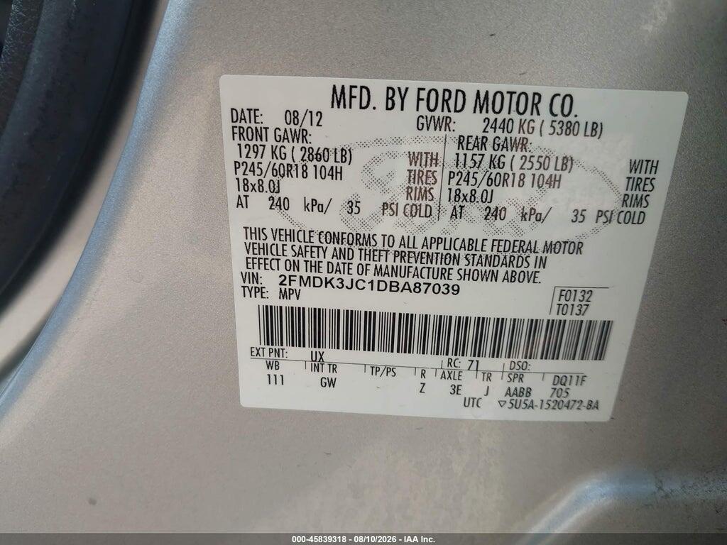 2FMDK3JC1DBA87039 2013 FORD EDGE photo no. 9