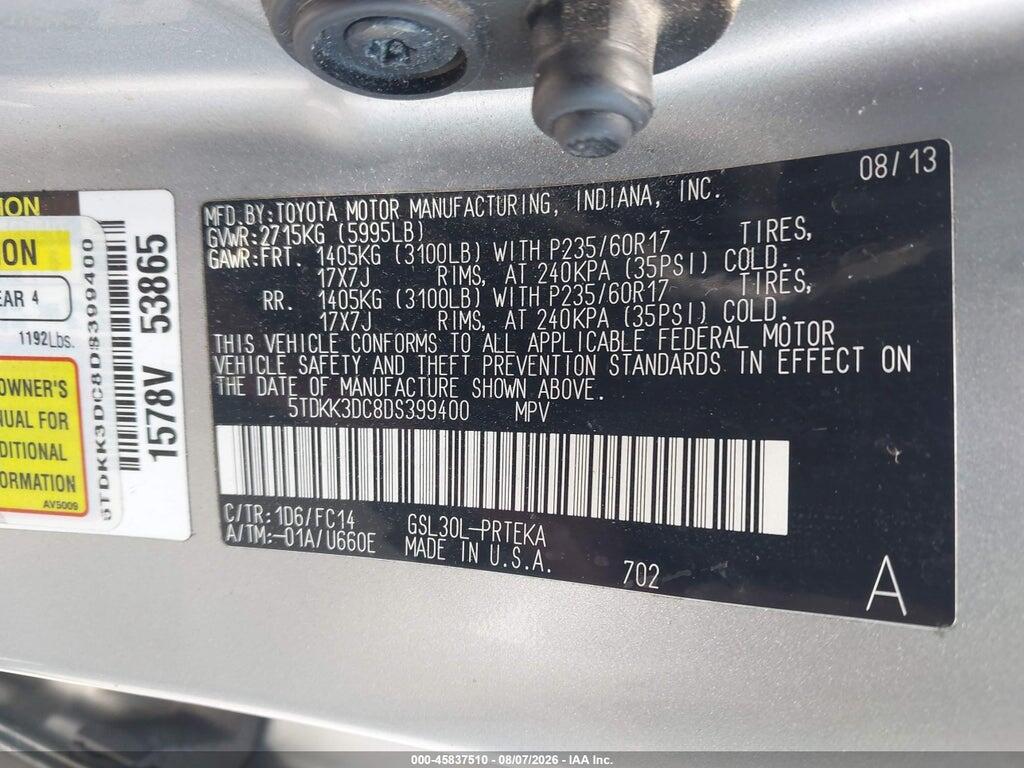 5TDKK3DC8DS399400 2013 TOYOTA SIENNA photo no. 9