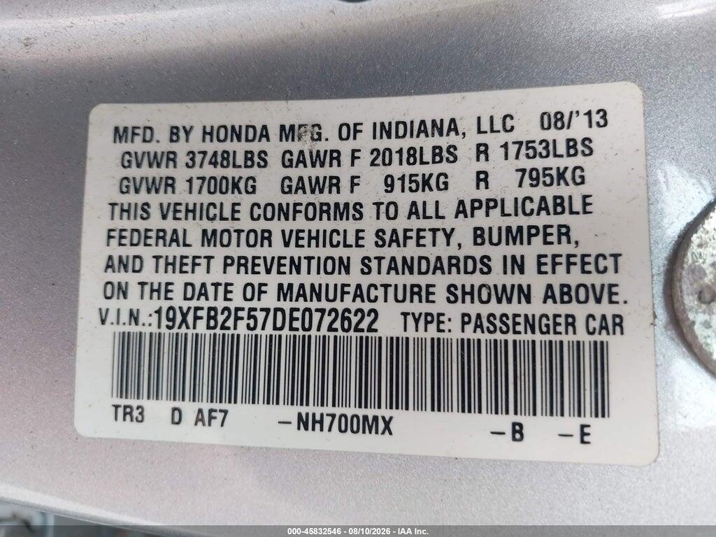19XFB2F57DE072622 2013 HONDA CIVIC photo no. 9