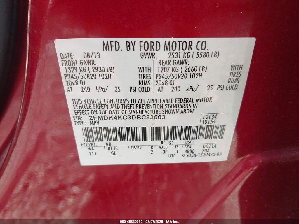 2FMDK4KC3DBC83603 2013 FORD EDGE photo no. 9