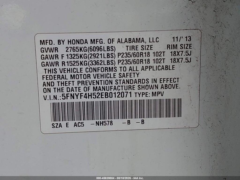 5FNYF4H52EB012071 2014 HONDA PILOT photo no. 9