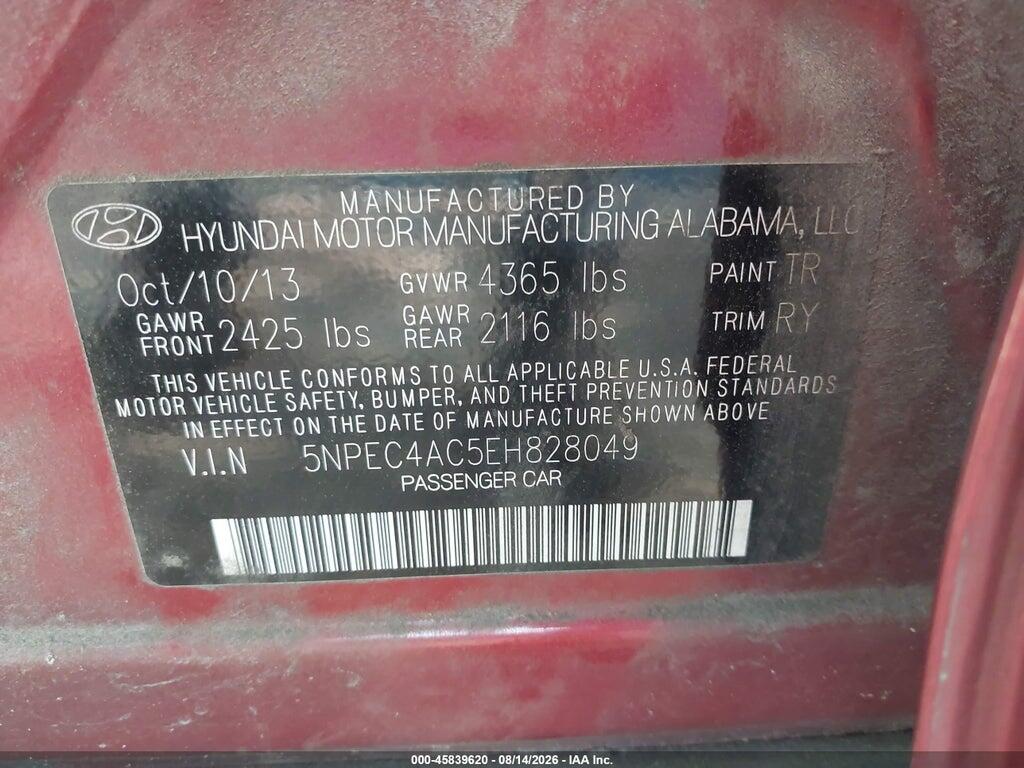 5NPEC4AC5EH828049 2014 HYUNDAI SONATA photo no. 9