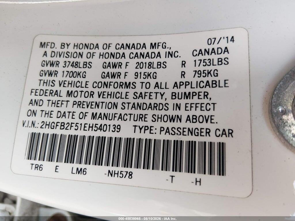2HGFB2F51EH540139 2014 HONDA CIVIC photo no. 9