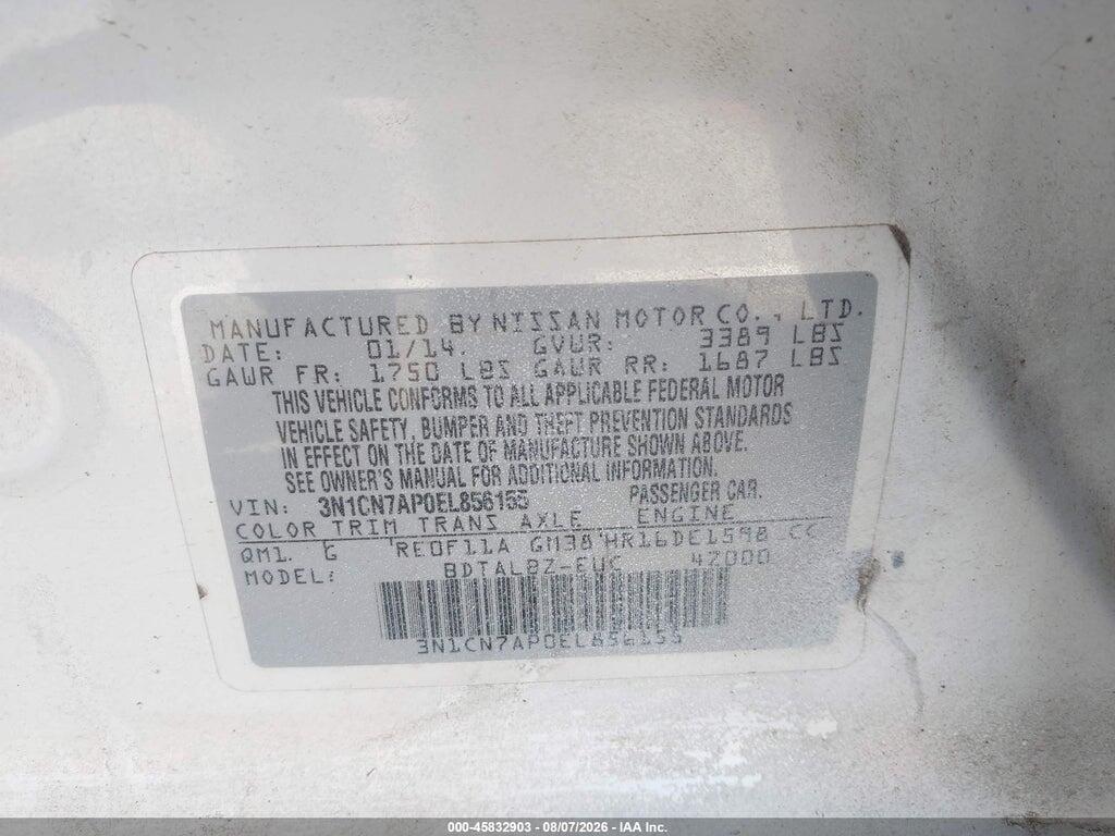 3N1CN7AP0EL856155 2014 NISSAN VERSA photo no. 9