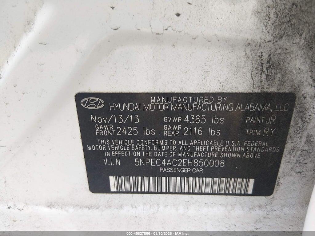 5NPEC4AC2EH850008 2014 HYUNDAI SONATA photo no. 9