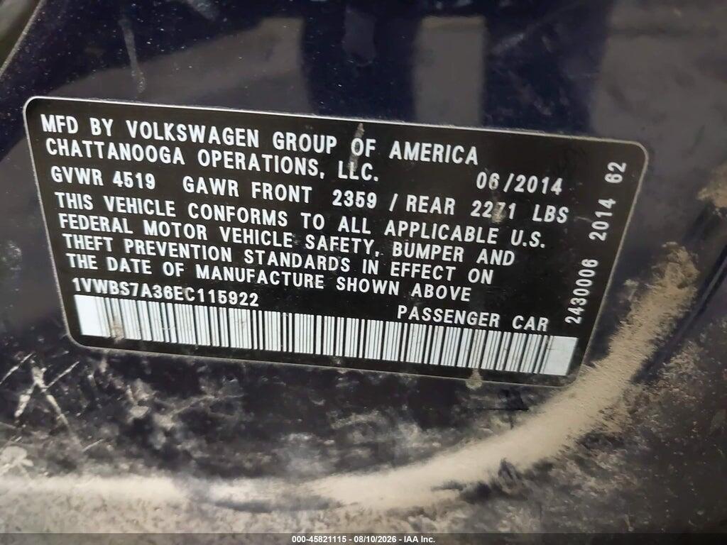1VWBS7A36EC115922 2014 VOLKSWAGEN PASSAT photo no. 9