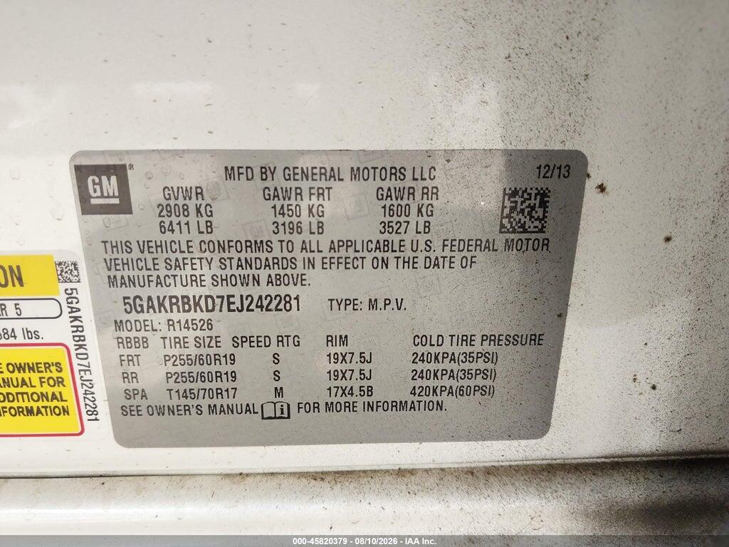 5GAKRBKD7EJ242281 2014 BUICK ENCLAVE photo no. 9