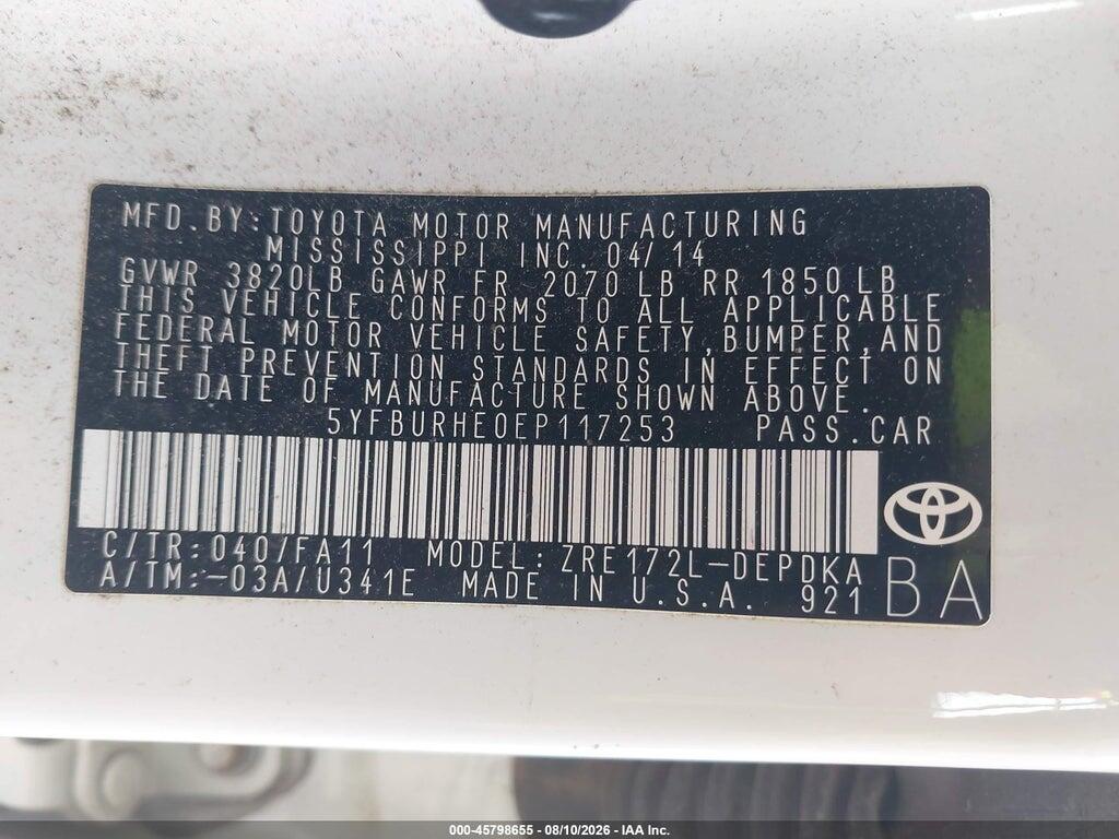 5YFBURHE0EP117253 2014 TOYOTA COROLLA photo no. 9