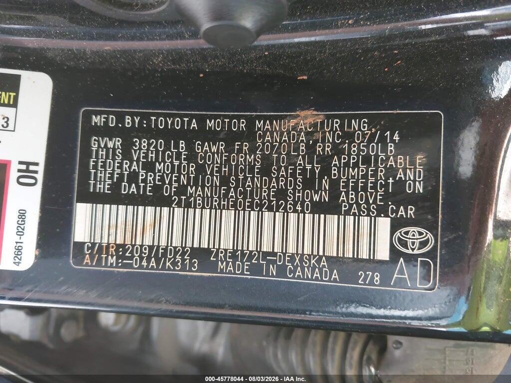 2T1BURHE0EC212640 2014 TOYOTA COROLLA photo no. 9
