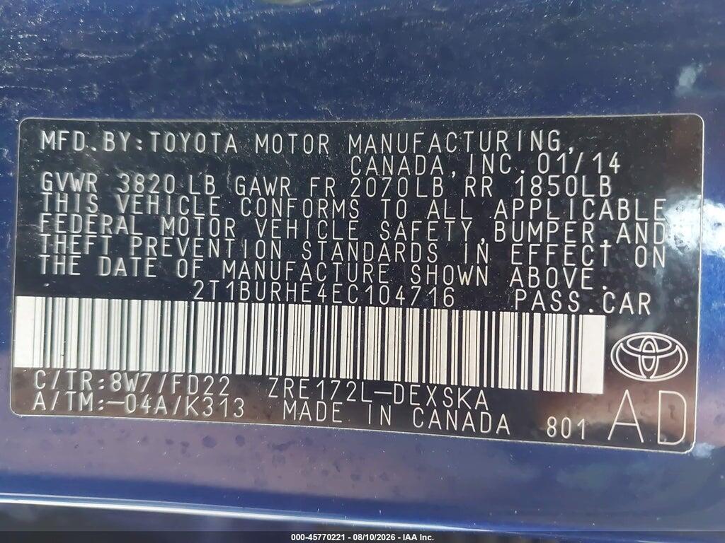2T1BURHE4EC104716 2014 TOYOTA COROLLA photo no. 9