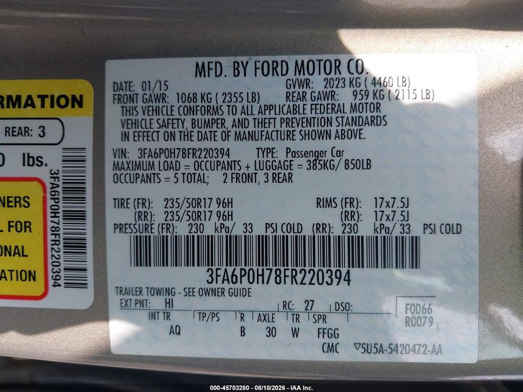 3FA6P0H78FR220394 2015 FORD FUSION photo no. 9