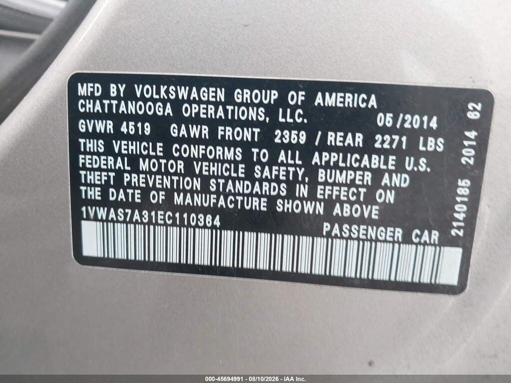 1VWAS7A31EC110364 2014 VOLKSWAGEN PASSAT photo no. 9