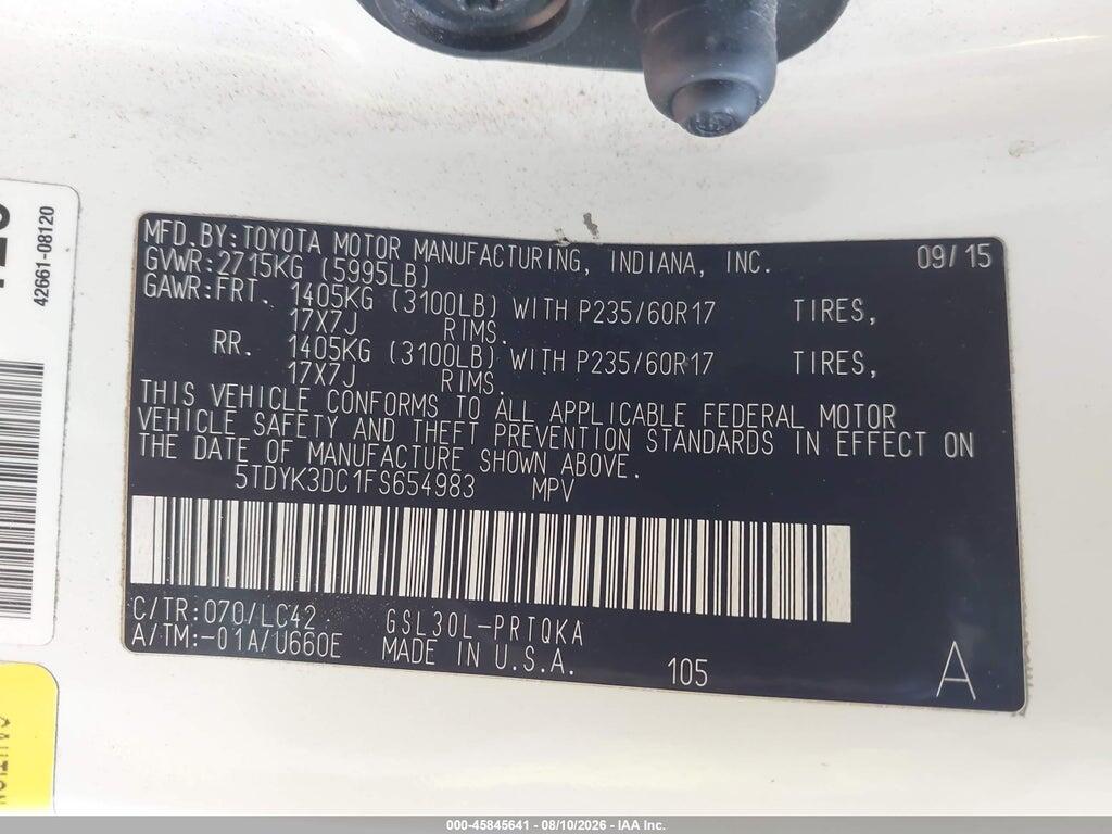 5TDYK3DC1FS654983 2015 TOYOTA SIENNA photo no. 9