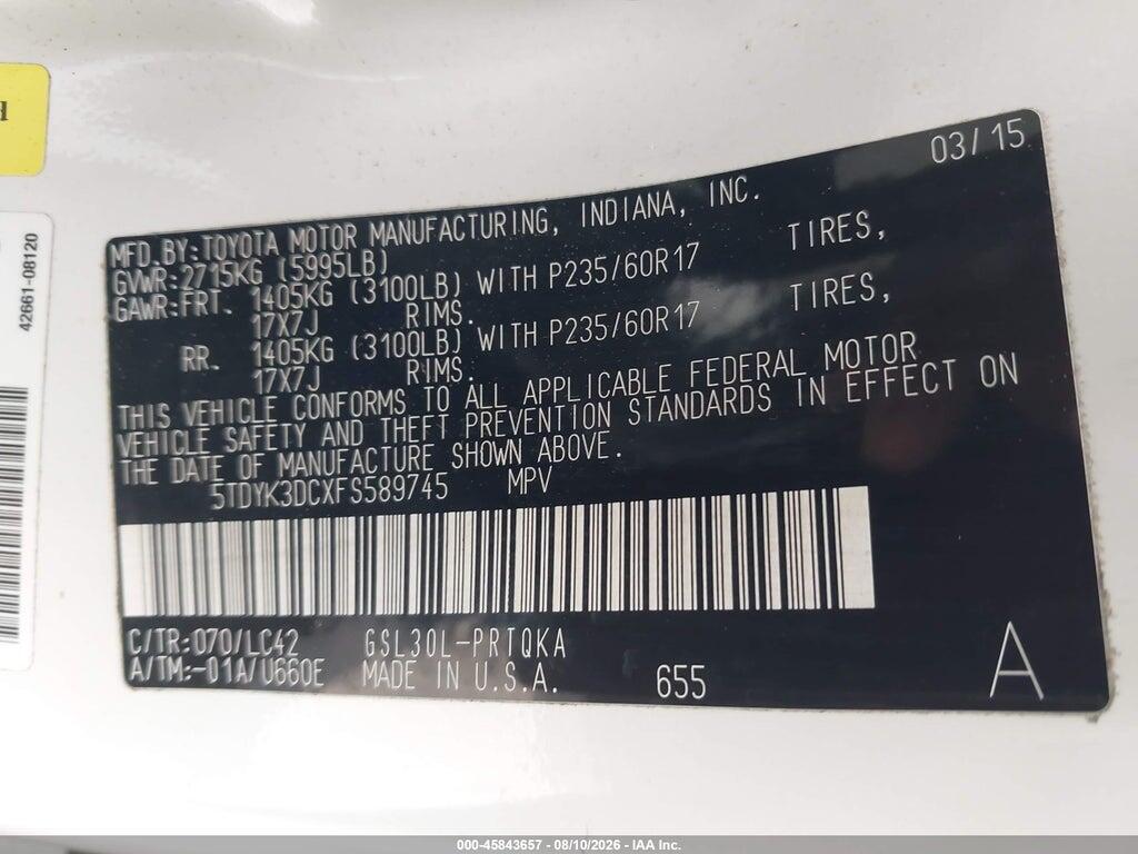 5TDYK3DCXFS589745 2015 TOYOTA SIENNA photo no. 9