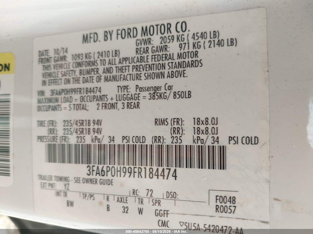 3FA6P0H99FR184474 2015 FORD FUSION photo no. 9