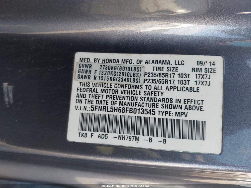 5FNRL5H68FB013545 2015 HONDA ODYSSEY photo no. 9