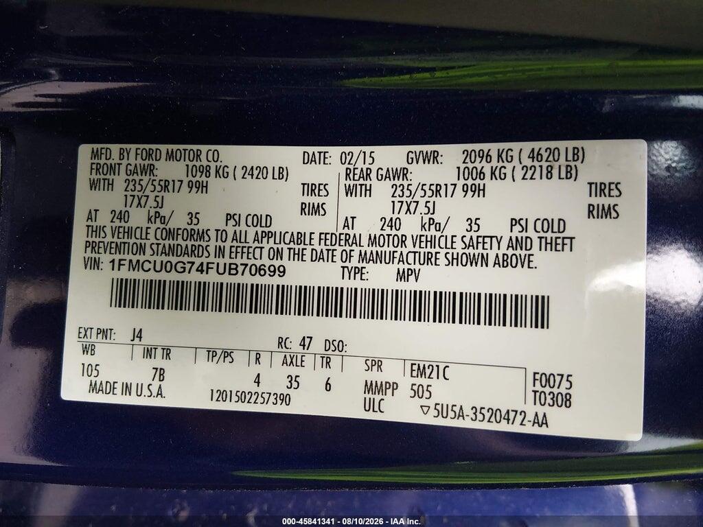 1FMCU0G74FUB70699 2015 FORD ESCAPE photo no. 9