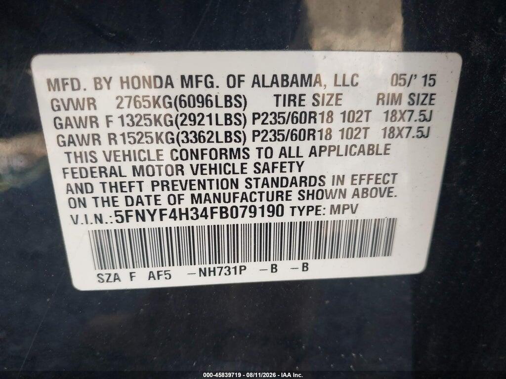 5FNYF4H34FB079190 2015 HONDA PILOT photo no. 9